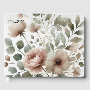 Dusty Olive & Roze Waterverf Bloemen Huwelijk Gastenboek