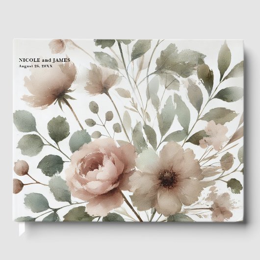 Dusty Olive & Roze Waterverf Bloemen Huwelijk Gastenboek (Voorkant)