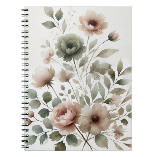 Dusty Olive & Roze Waterverf Bloemen Huwelijk Notitieboek (Voorkant)
