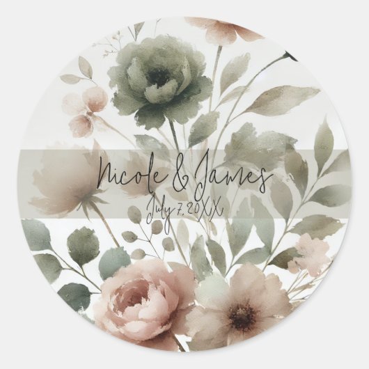 Dusty Olive & Roze Waterverf Bloemen Huwelijk Ronde Sticker (Voorkant)