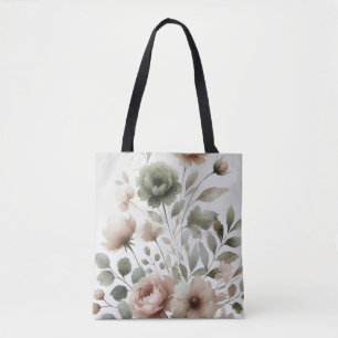 Dusty Olive & Roze Waterverf Bloemen Huwelijk Tote Bag
