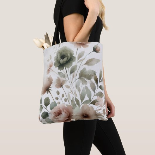 Dusty Olive & Roze Waterverf Bloemen Huwelijk Tote Bag (Dichtbij)