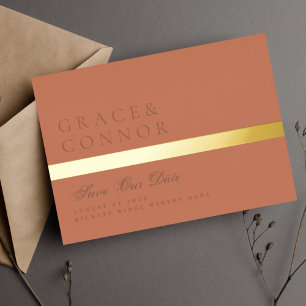 Dusty Oranje Terracotta Stripe Photo Save the Date Folie Uitnodiging