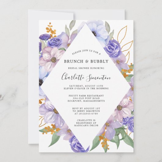Dusty Paars Blue Floral Brunch Bubble Invitation Kaart (Voorkant)