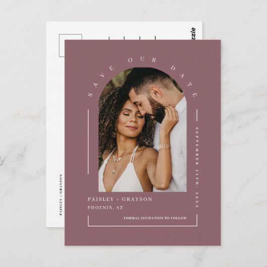 Dusty Paars Boho Arch Photo QR Code Save Our Date Briefkaart (Voorkant / Achterkant)