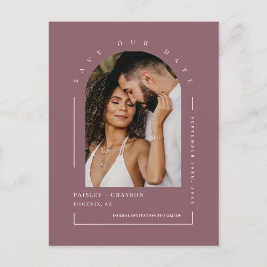 Dusty Paars Boho Arch Photo QR Code Save Our Date Briefkaart (Voorkant)