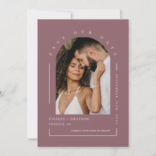 Dusty Paars Boho Arch Photo QR Code Save Our Date Kaart (Voorkant)