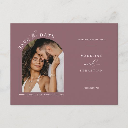 Dusty Paars Boho Arch Photo QR Code Save the Date Briefkaart (Voorkant)