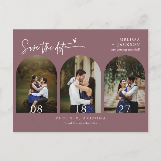 Dusty Paars Boho Arch Photo QR Code Save the Date Briefkaart (Voorkant)