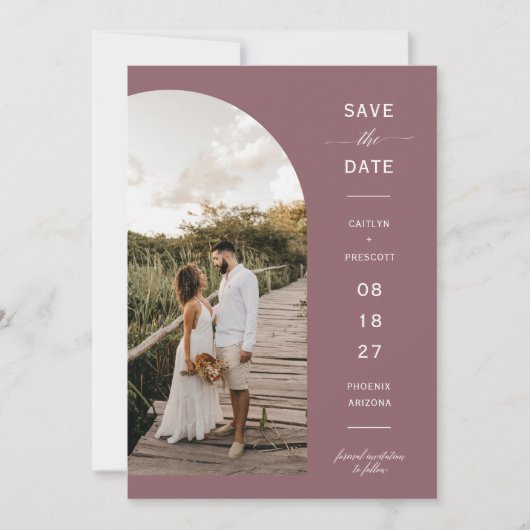 Dusty Paars Boho Arch Photo QR Code Save the Date Kaart (Voorkant)