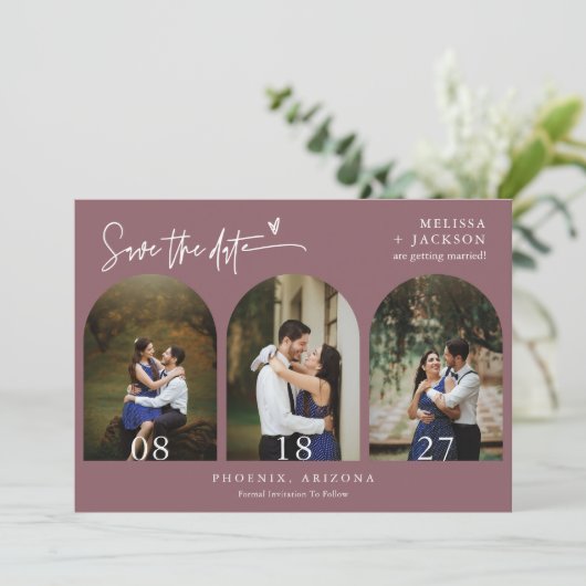 Dusty Paars Boho Arch Photo QR Code Save the Date Kaart (Staand voorkant)