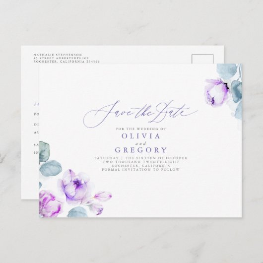 Dusty Paars Elegant Romantic Save the Date Aankondigingskaart (Voorkant / Achterkant)