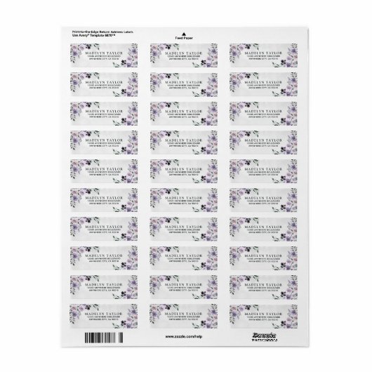 Dusty Paars en Silver Grey Floral Rustic Wedding Etiket (Full Sheet)