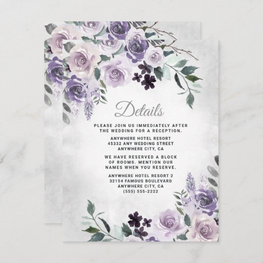 Dusty Paars en Silver Grey Floral Rustic Wedding Informatiekaartje (Voorkant / Achterkant)