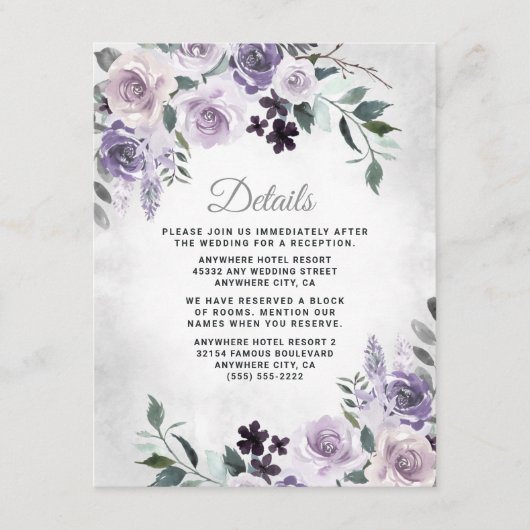 Dusty Paars en Silver Grey Floral Rustic Wedding Informatiekaartje (Voorkant)