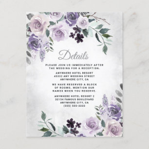 Dusty Paars en Silver Grey Floral Rustic Wedding Informatiekaartje