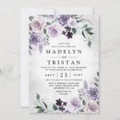 Dusty Paars en Silver Grey Floral Rustic Wedding Kaart (Voorkant)
