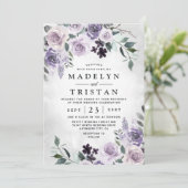 Dusty Paars en Silver Grey Floral Rustic Wedding Kaart (Staand voorkant)