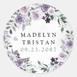 Dusty Paars en Silver Grey Floral Rustic Wedding Ronde Sticker