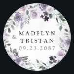 Dusty Paars en Silver Grey Floral Rustic Wedding Ronde Sticker<br><div class="desc">Het ontwerp heeft elegante waterverf bloemenelementen in verschillende tinten van stoffige paars,  donkere pruim en meer. Design beschikt ook over verschillende soorten rustiek groen en takken met subtiele zilvergrijze waterverf spatten voor extra stijl.</div>