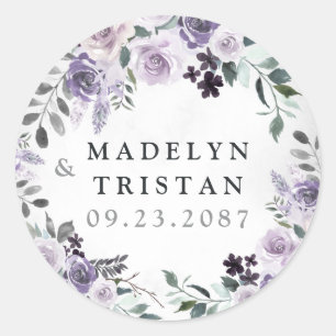 Dusty Paars en Silver Grey Floral Rustic Wedding Ronde Sticker
