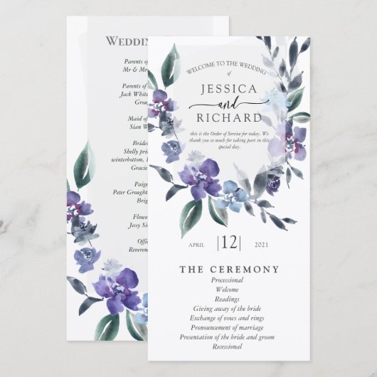 Dusty Paars Floral Garden Wedding Order of Servic (Voorkant / Achterkant)