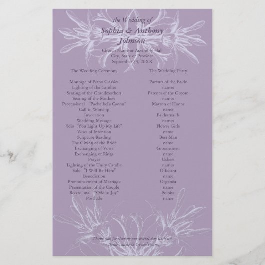 Dusty Paars Floral Wedding Programme (Voorkant)