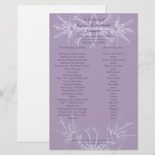 Dusty Paars Floral Wedding Programme (Voorkant / Achterkant)