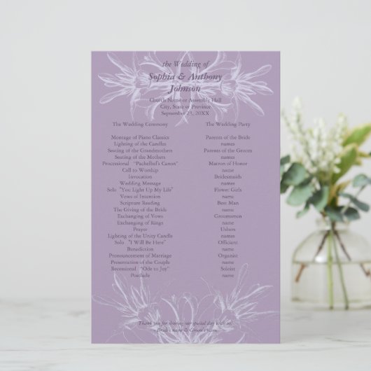 Dusty Paars Floral Wedding Programme (Staand voorkant)