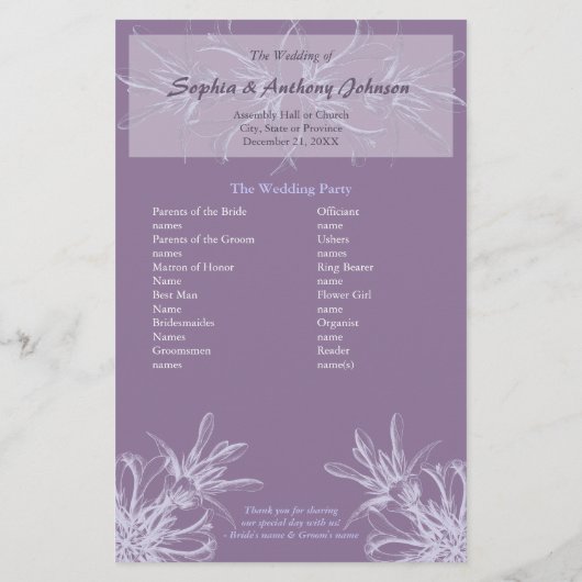 Dusty Paars Floral Wedding Programme (Achterkant)