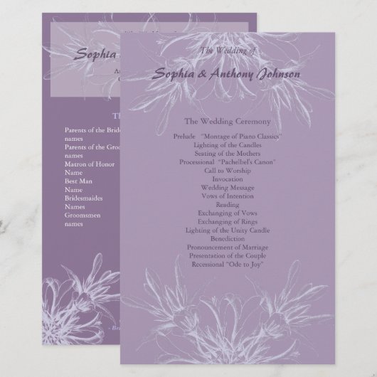 Dusty Paars Floral Wedding Programme (Voorkant / Achterkant)