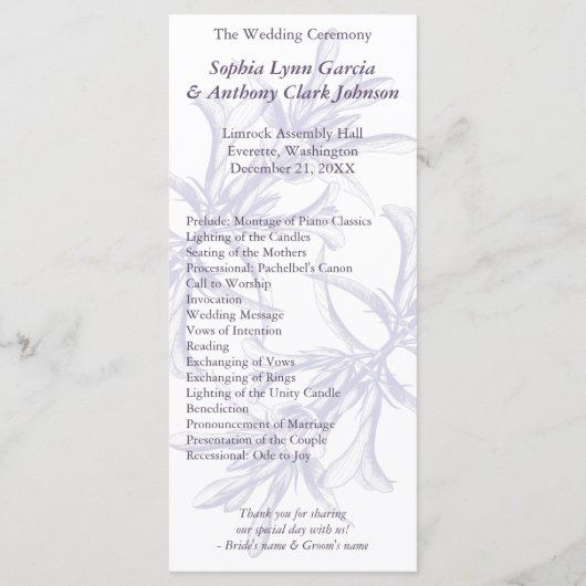 Dusty Paars Floral Wedding Programme Programmakaart (Achterkant)