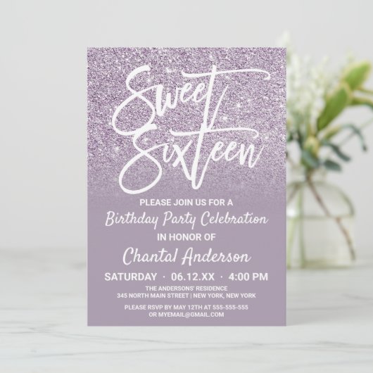 Dusty Paars Gray Faux Glitter Ombre Sweet Sixteen Kaart (Staand voorkant)