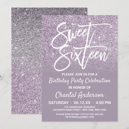 Dusty Paars Gray Faux Glitter Ombre Sweet Sixteen Kaart (Voorkant / Achterkant)