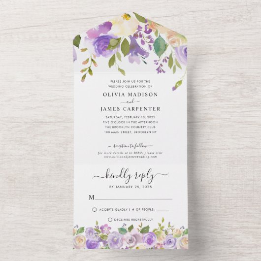 Dusty Paars Greenery Elegant Floral Wedding All In One Uitnodiging (Binnen)