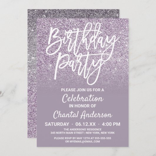 Dusty Paars Grey Faux Glitter Ombre Birthday Kaart (Voorkant / Achterkant)