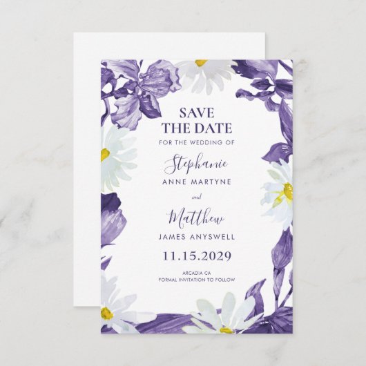 Dusty Paars Iris White Daisy Botanical Wedding Save The Date (Voorkant / Achterkant)