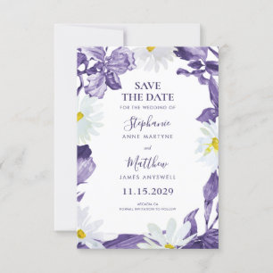 Dusty Paars Iris White Daisy Botanical Wedding Save The Date