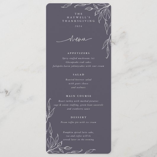 Dusty Paars Leaf Motif Thanksgiving Flat 4 Course Menu (Voorkant)