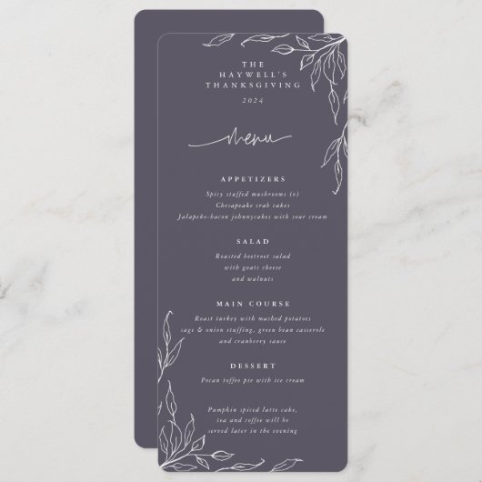 Dusty Paars Leaf Motif Thanksgiving Flat 4 Course Menu (Voorkant / Achterkant)