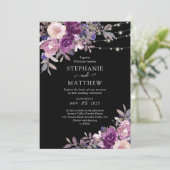 Dusty Paars Mauve Botanical Lights Black Wedding Kaart (Staand voorkant)