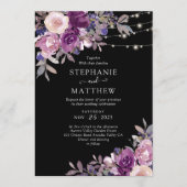 Dusty Paars Mauve Botanical Lights Black Wedding Kaart (Voorkant)