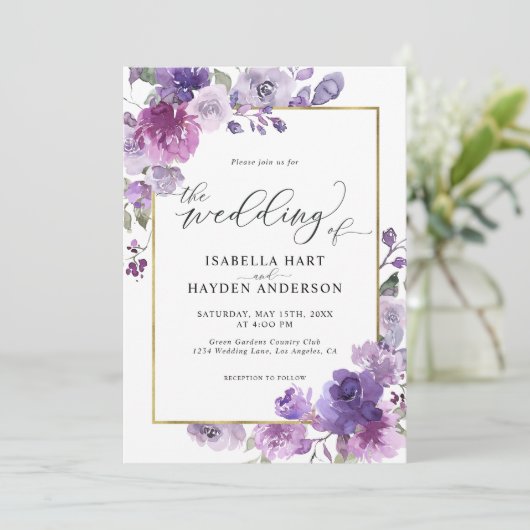 Dusty Paars Mauve Lila Floral Gold Foil Wedding Kaart (Staand voorkant)