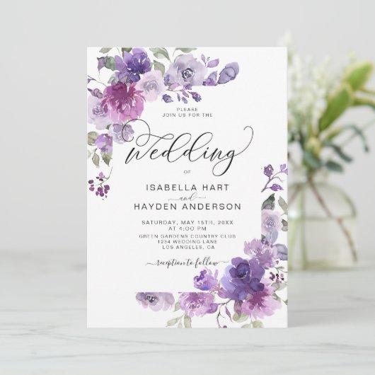 Dusty Paars Mauve Lila Floral Romantic Wedding Kaart (Staand voorkant)