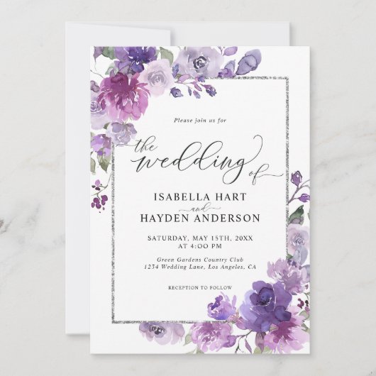 Dusty Paars Mauve Lila Floral SilverFoil Wedding Kaart (Voorkant)