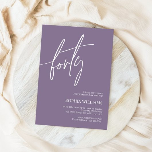 Dusty Paars minimalist uitnodiging 40th Birthday