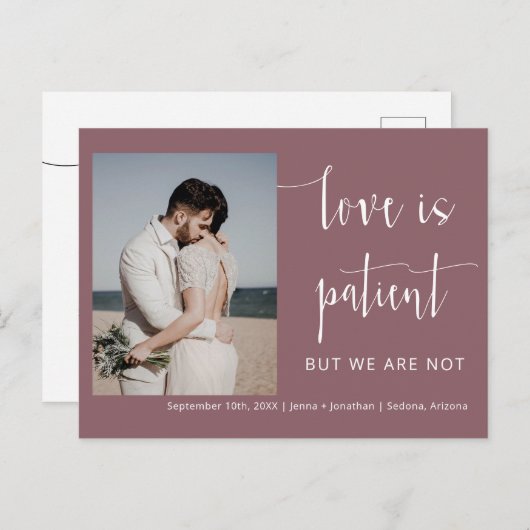 Dusty Paars Moderne Minimale Script Photo Elopemen Briefkaart (Voorkant / Achterkant)