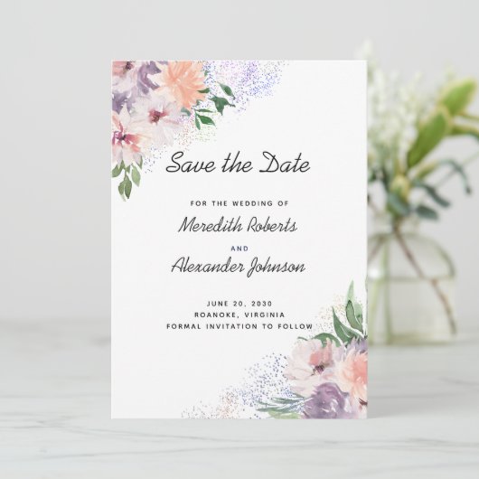 Dusty Paars Peach Boho Floral Glitter QR Code Save The Date (Staand voorkant)