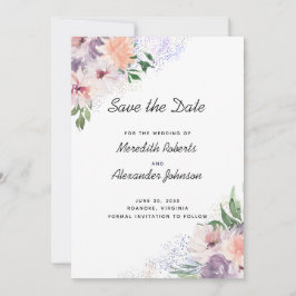 Dusty Paars Peach Boho Floral Glitter QR Code Save The Date