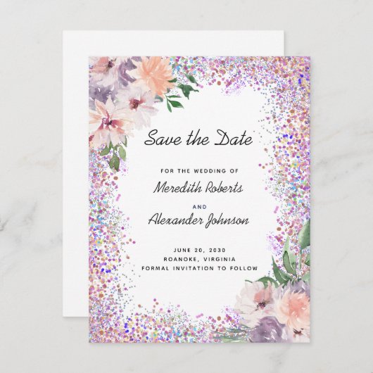 Dusty Paars Peach Floral QR Code Save the Date Aankondiging (Voorkant / Achterkant)